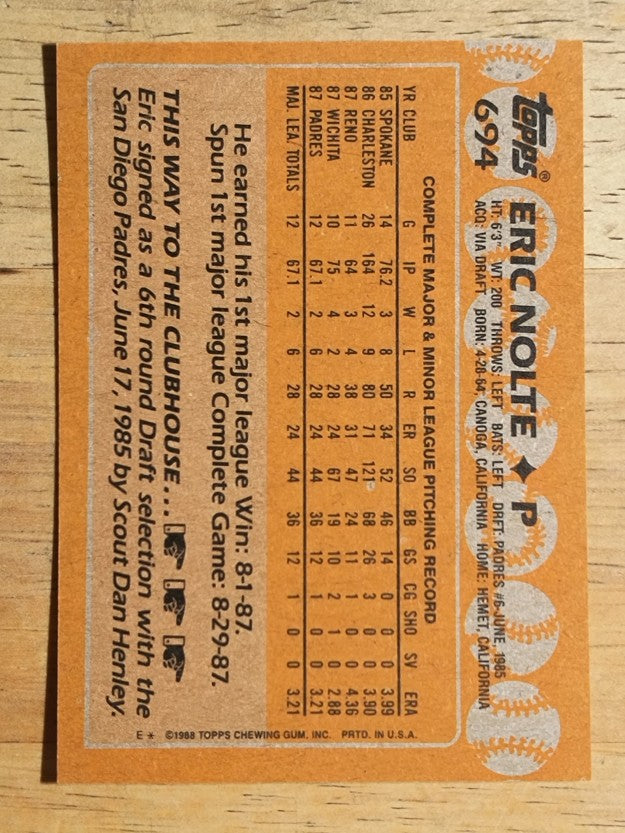 1988 Topps #694 Eric Nolte