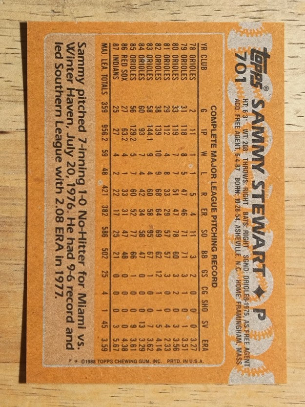 1988 Topps #701 Sammy Stewart