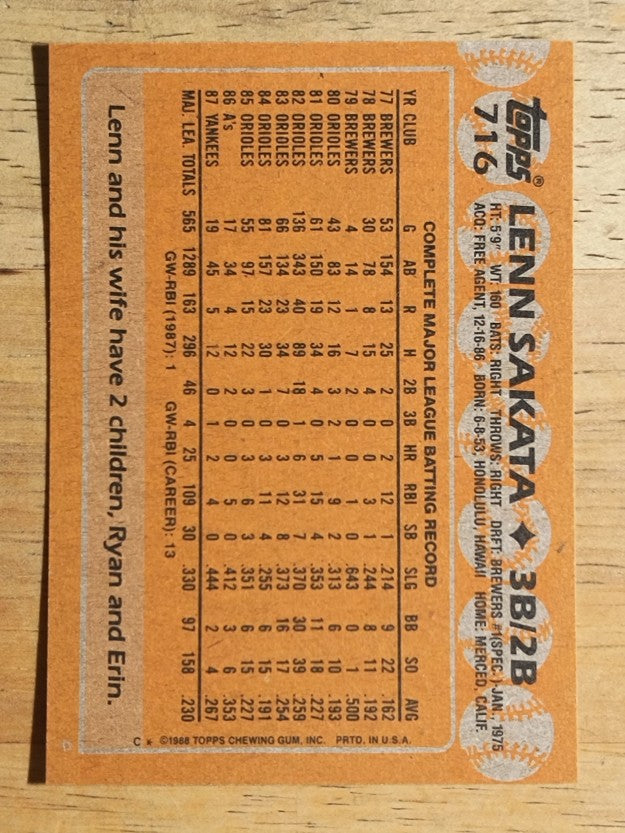 1988 Topps #716 Lenn Sakata