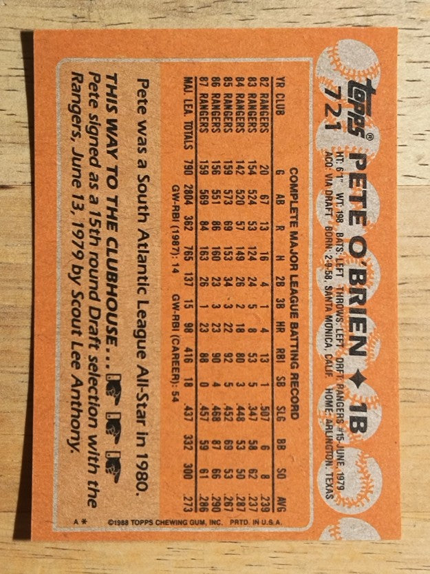 1988 Topps #721 Pete O'Brien