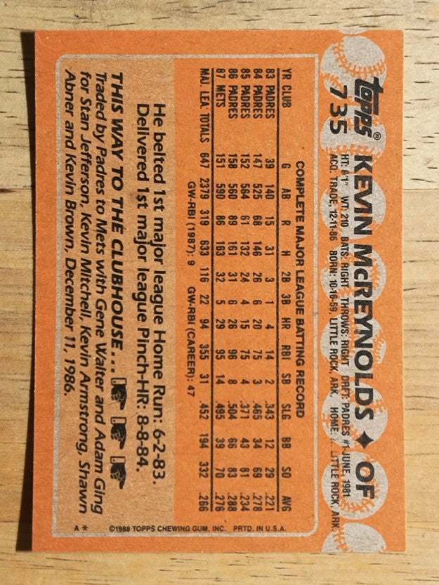 1988 Topps #735 Kevin McReynolds