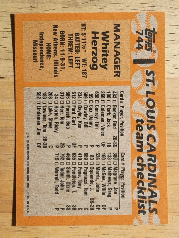 1988 Topps #744 Whitey Herzog MG
