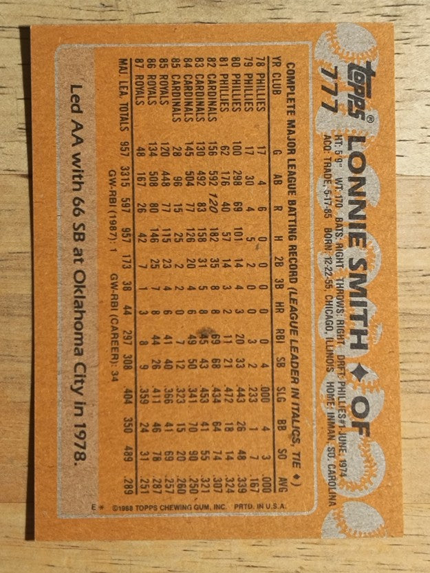 1988 Topps #777 Lonnie Smith