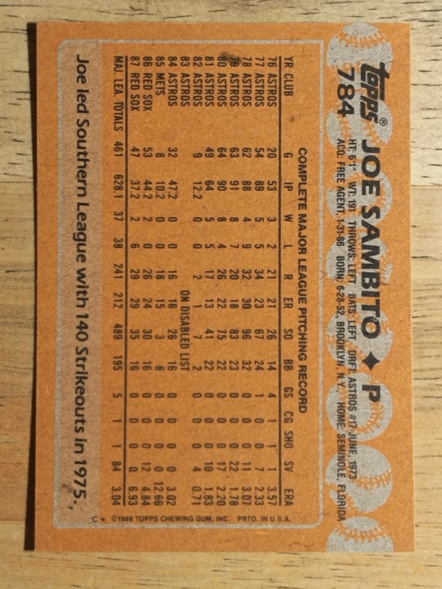 1988 Topps #784 Joe Sambito