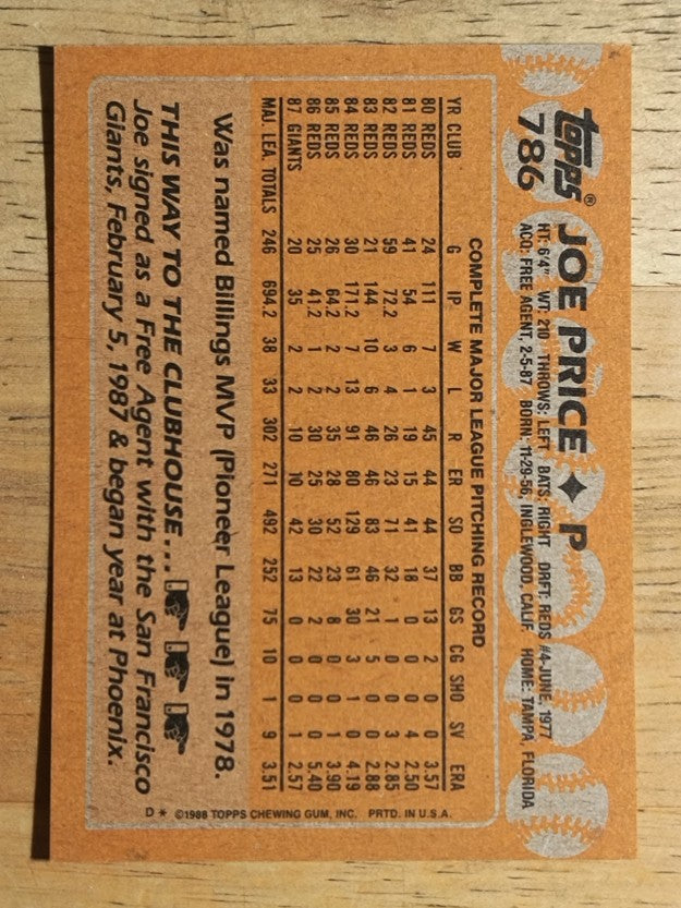 1988 Topps #786 Joe Price