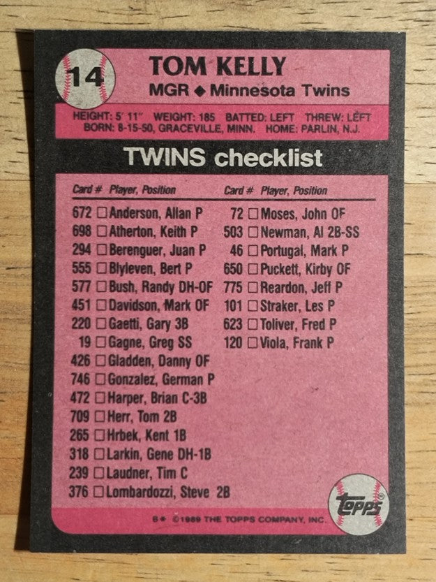 1989 Topps #14 Tom Kelly MG