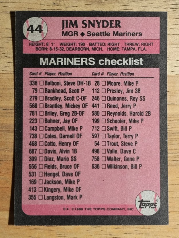 1989 Topps #44 Jim Snyder MG