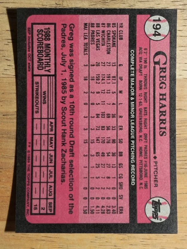 1989 Topps #194 Greg W. Harris RC