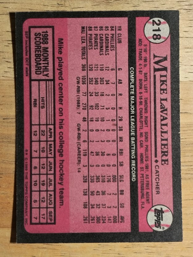 1989 Topps #218 Mike LaValliere