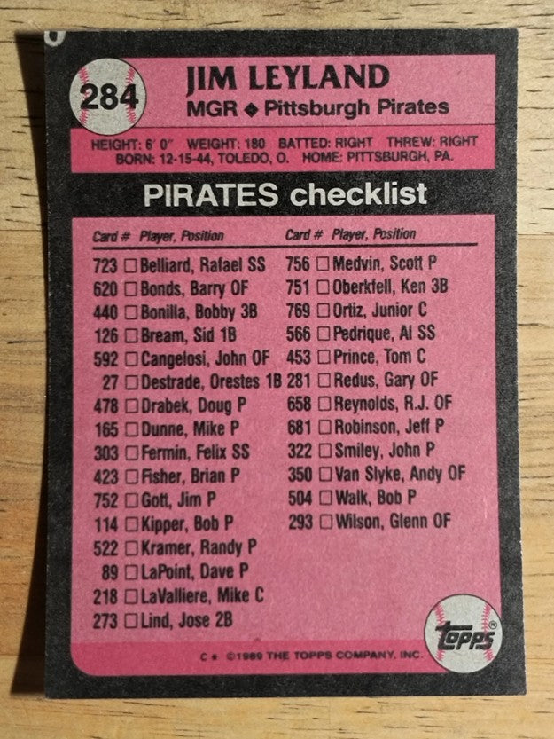 1989 Topps #284 Jim Leyland MG