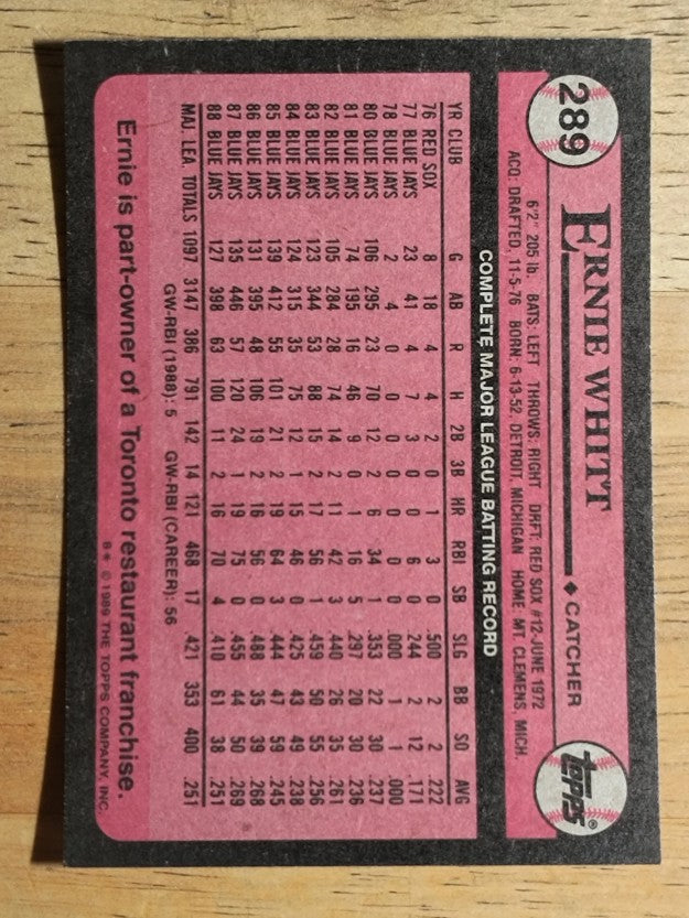 1989 Topps #289 Ernie Whitt