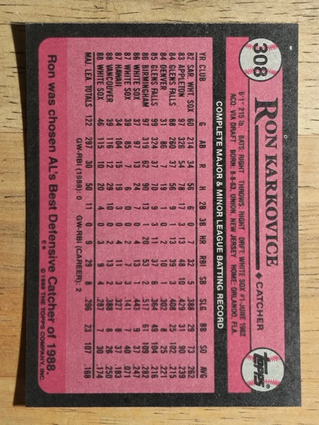 1989 Topps #308 Ron Karkovice