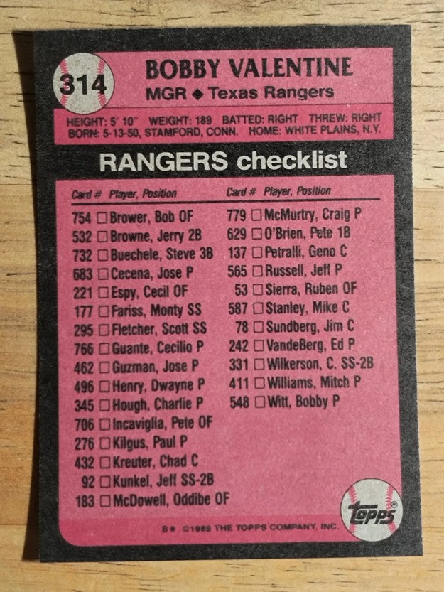 1989 Topps #314 Bobby Valentine MG
