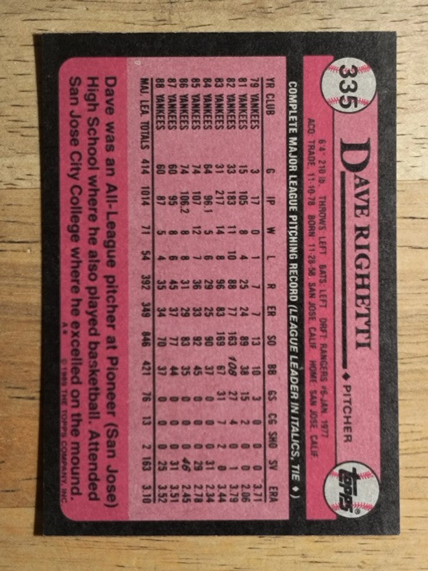 1989 Topps #335 Dave Righetti