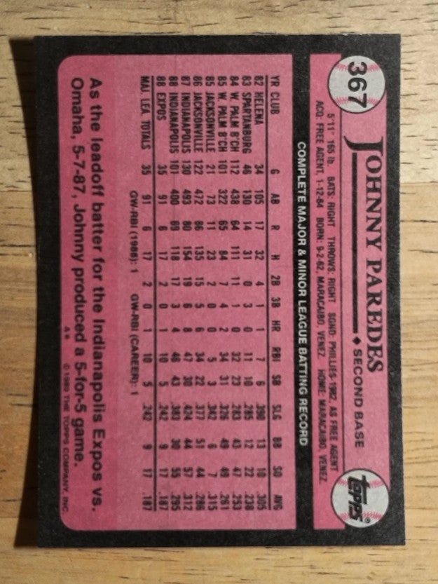 1989 Topps #367 Johnny Paredes