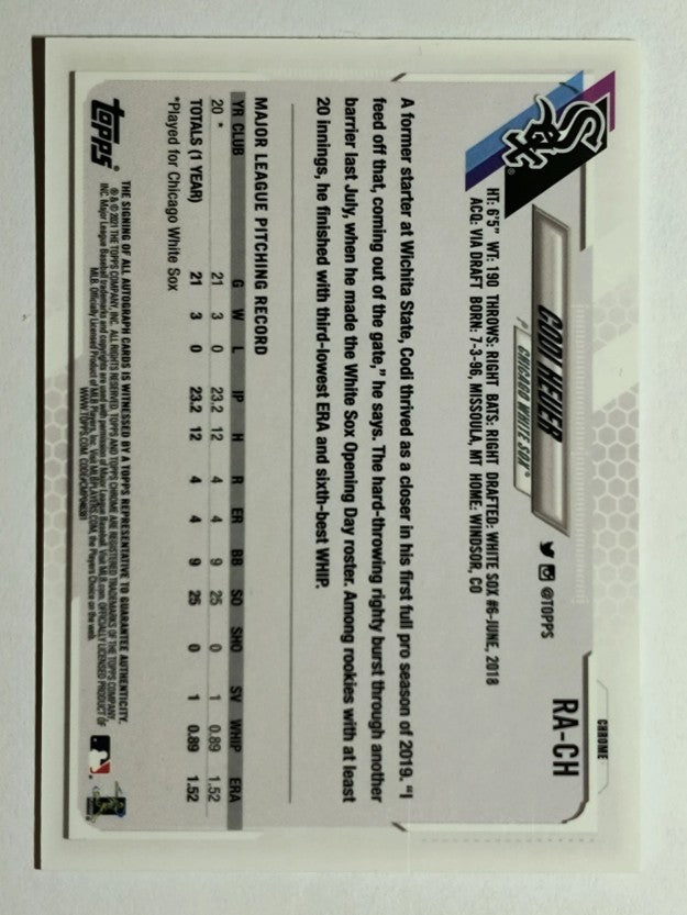 2021 Topps Chrome Rookie Autographs #RACH Codi Heuer
