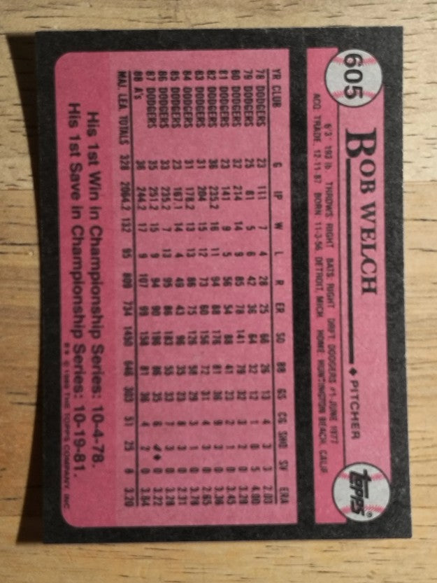 1989 Topps #605A Bob Welch ERR/Missing Complete M.L. Pitching Record Line