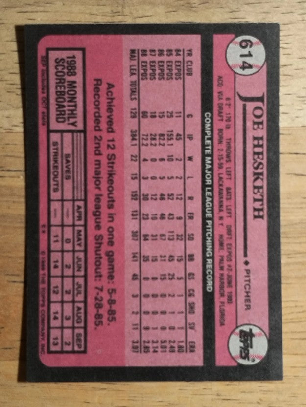 1989 Topps #614 Joe Hesketh