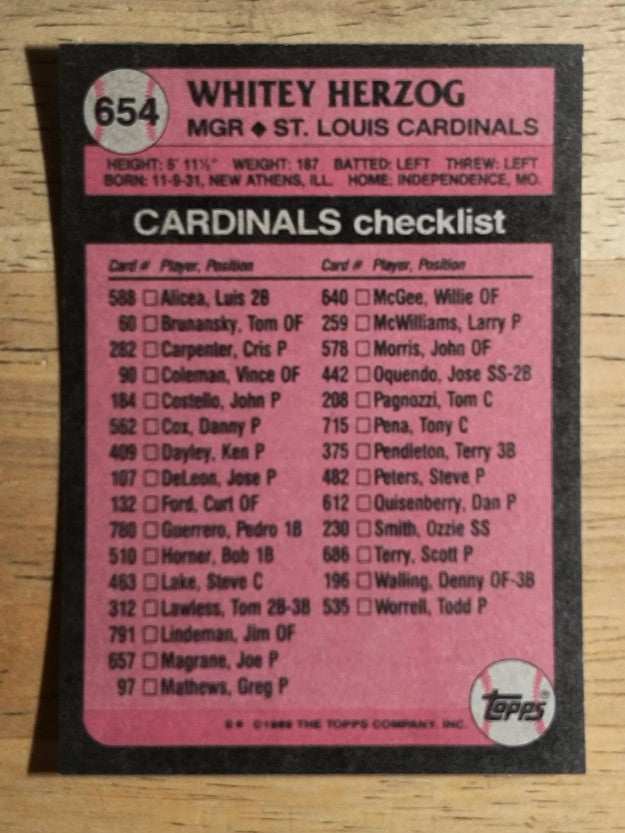 1989 Topps #654 Whitey Herzog MG