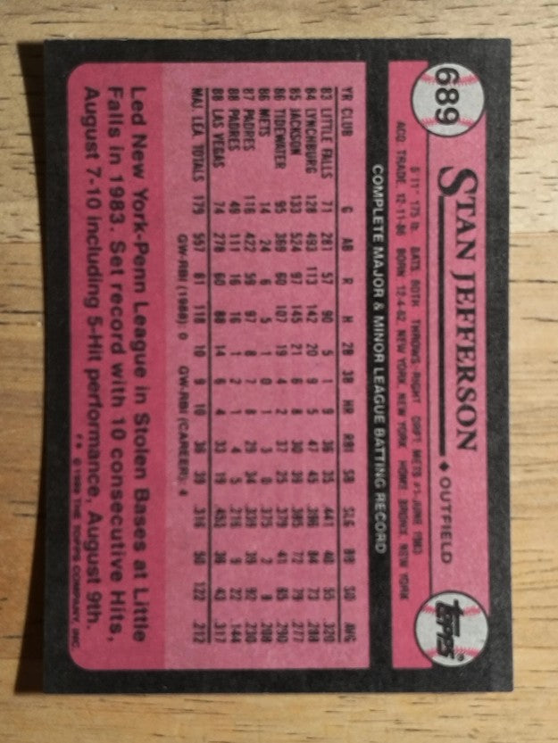 1989 Topps #689A Stan Jefferson/Pink triangle on front bottom left