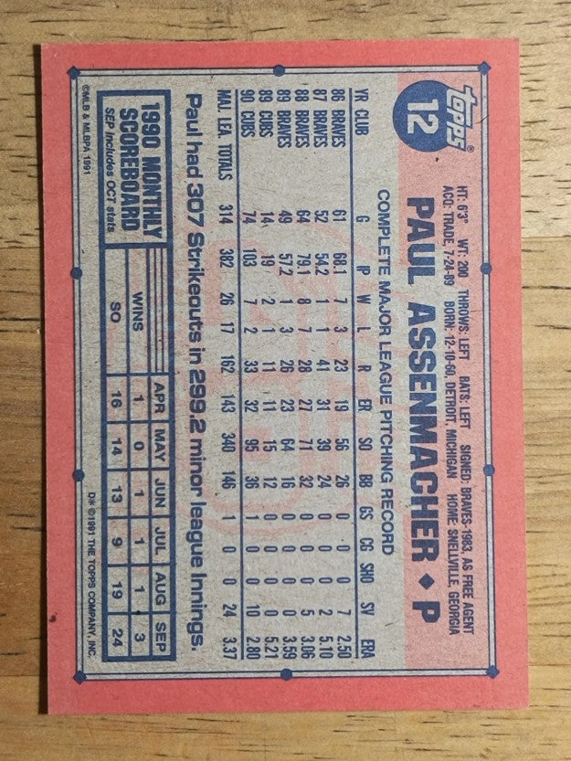 1991 Topps #12 Paul Assenmacher