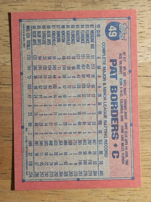 1991 Topps #49B Pat Borders COR/0 steals at Kinston in '86