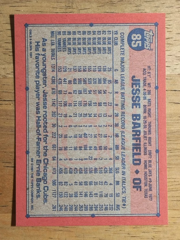 1991 Topps #85 Jesse Barfield