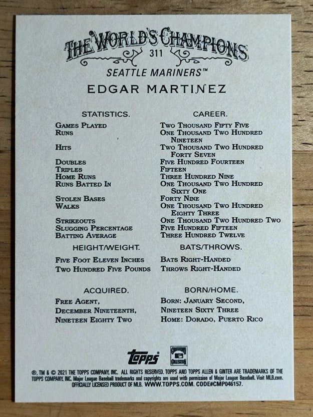 2021 Topps Allen and Ginter #311 Edgar Martinez SP