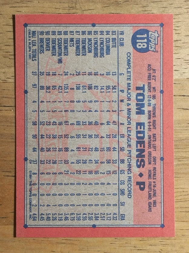 1991 Topps #118 Tom Edens RC