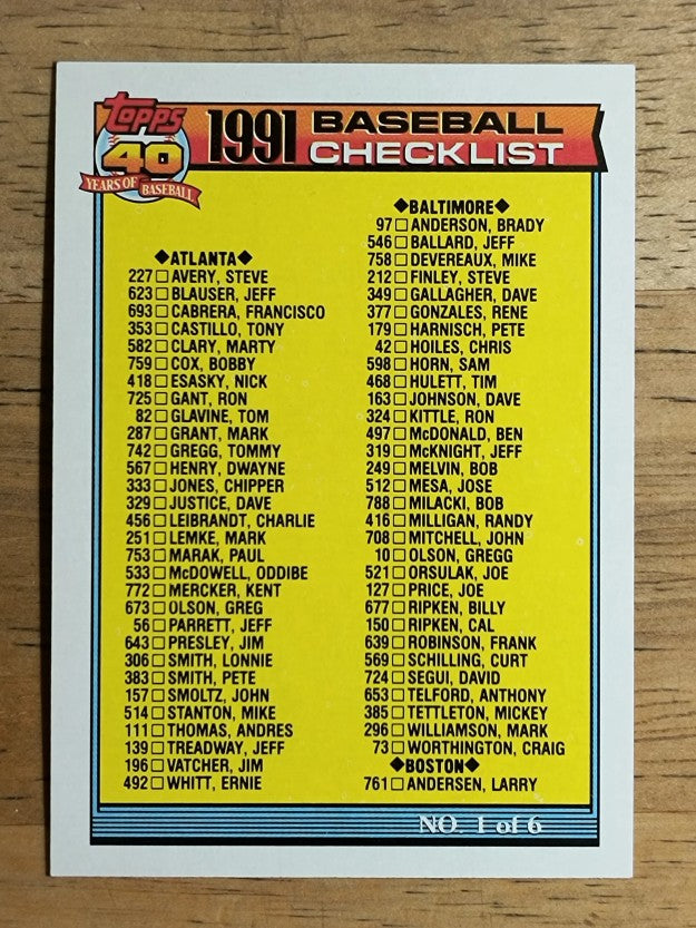 1991 Topps #131B Checklist 1 COR/717 Phil Bradley