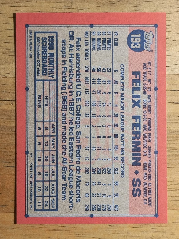 1991 Topps #193 Felix Fermin
