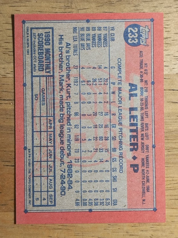 1991 Topps #233 Al Leiter