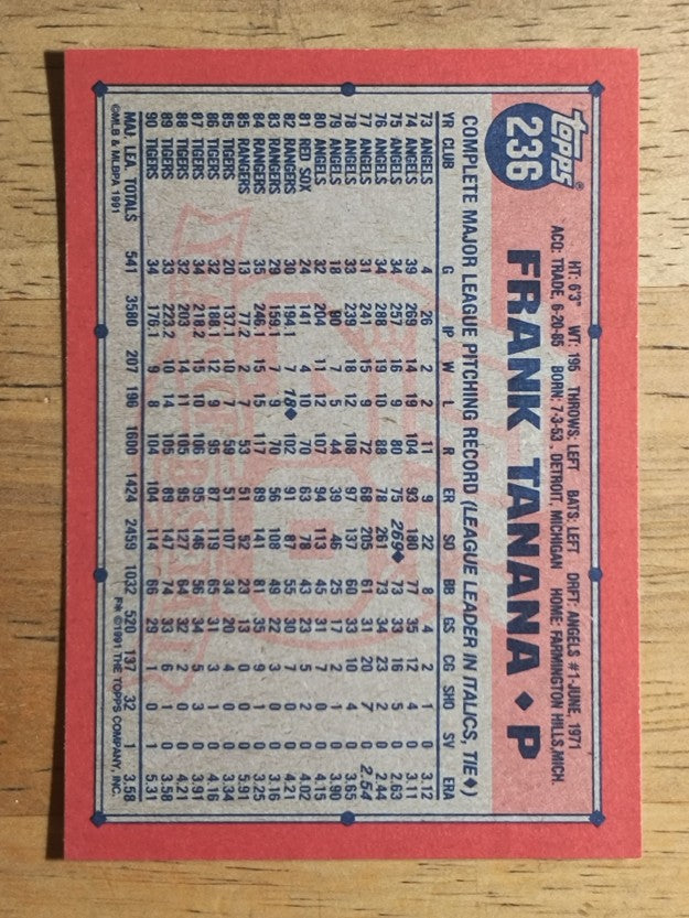 1991 Topps #236A Frank Tanana ERR/Tied for lead with 269 K's in '75