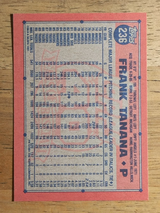 1991 Topps #236B Frank Tanana COR/Led league with 269 K's in '75