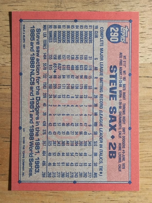 1991 Topps #290 Steve Sax