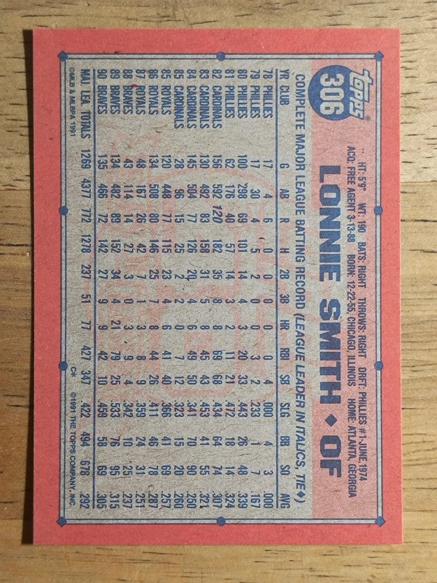 1991 Topps #306B Lonnie Smith COR/135 games in '90