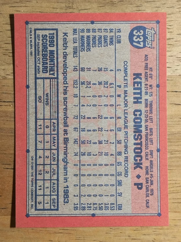 1991 Topps #337B Keith Comstock COR/Mariners logo on front