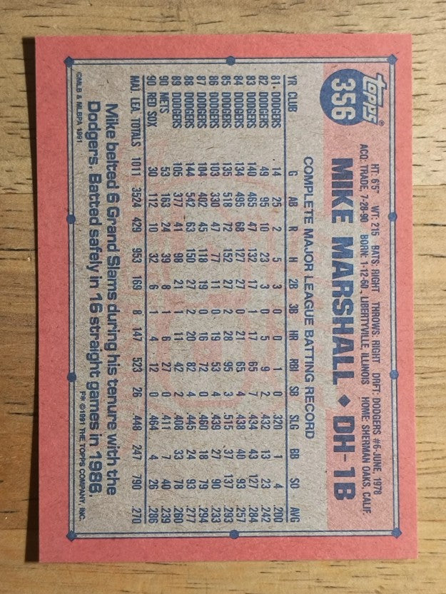 1991 Topps #356 Mike Marshall