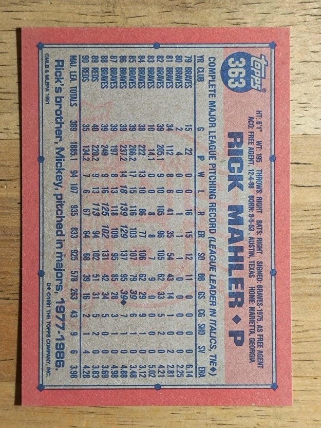 1991 Topps #363 Rick Mahler