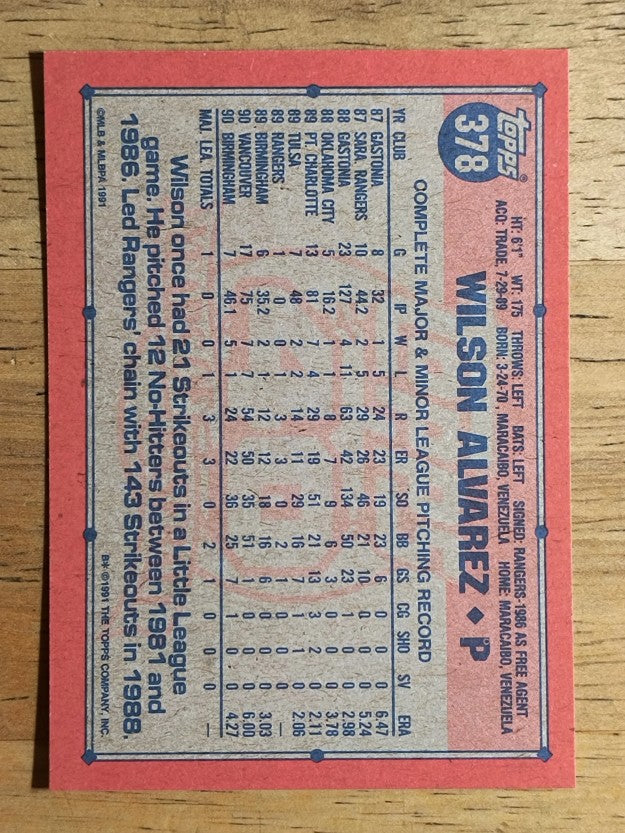 1991 Topps #378B Wilson Alvarez COR/with 1990 Birmingham stat lines omitted