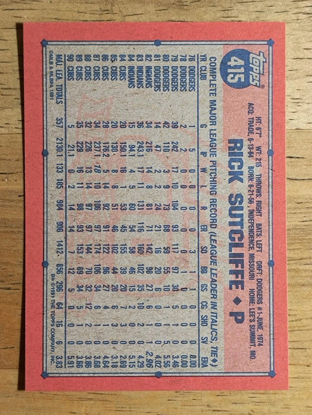 1991 Topps #415 Rick Sutcliffe