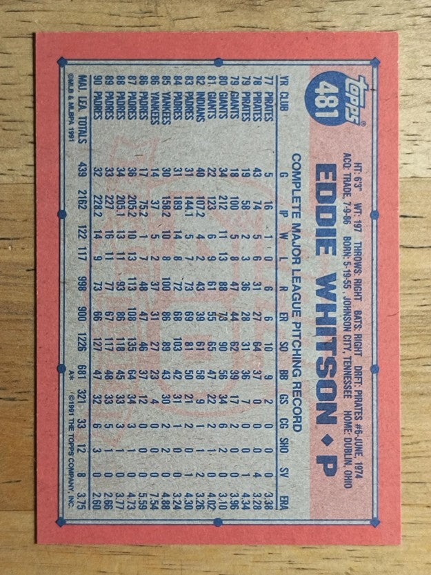 1991 Topps #481 Eddie Whitson