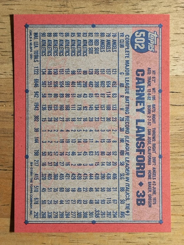 1991 Topps #502 Carney Lansford