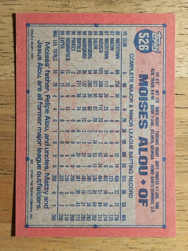 1991 Topps #526B Moises Alou COR/0 runs in 2 games for 1990 Pirates