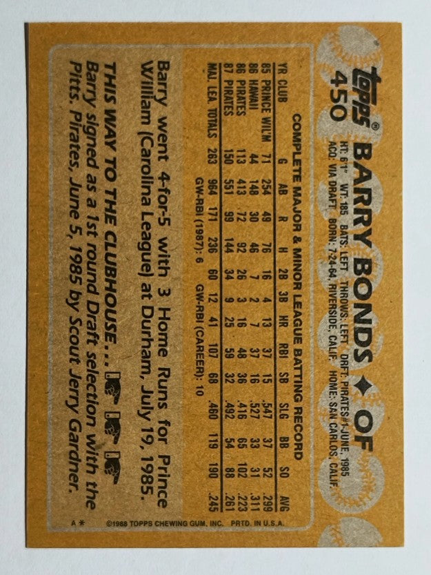 1988 Topps #450 Barry Bonds (NM)