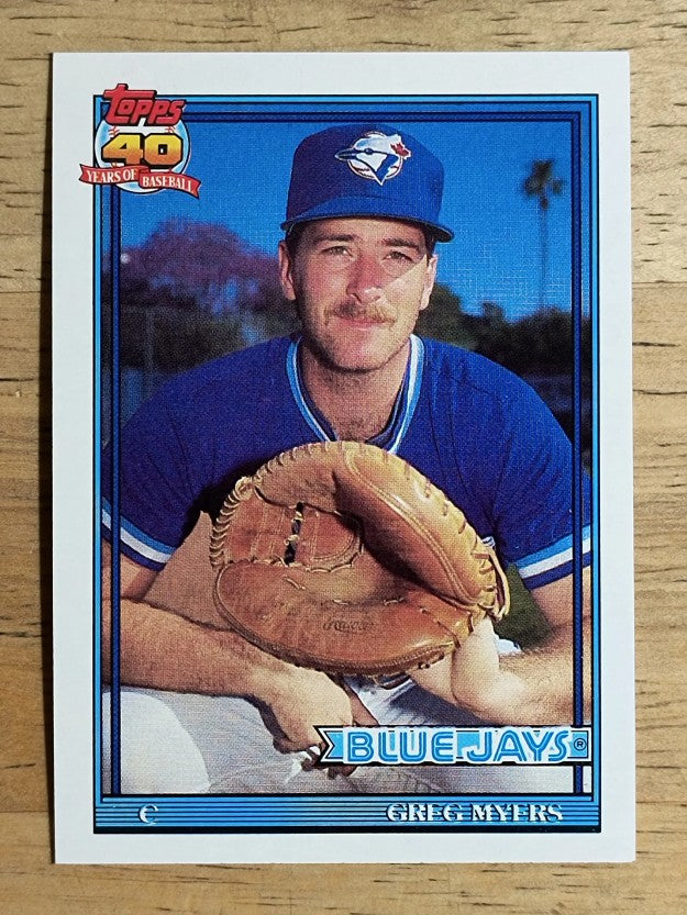 1991 Topps #599A Greg Myers ERR/1990 Syracuse stat line omitted