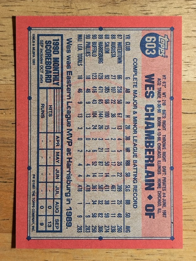 1991 Topps #603A Wes Chamberlain RC ERR/Photo actually Louie Meadows
