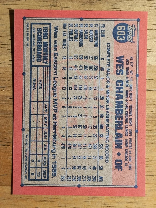 1991 Topps #603B Wes Chamberlain COR RC