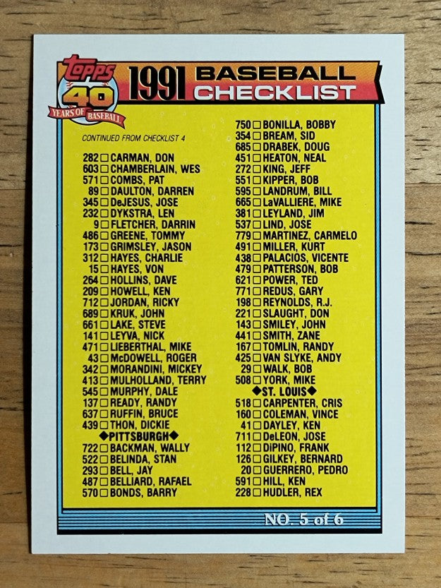1991 Topps #656C Checklist 5 COR/438 Palacios/537 Lind/665 LaValliere