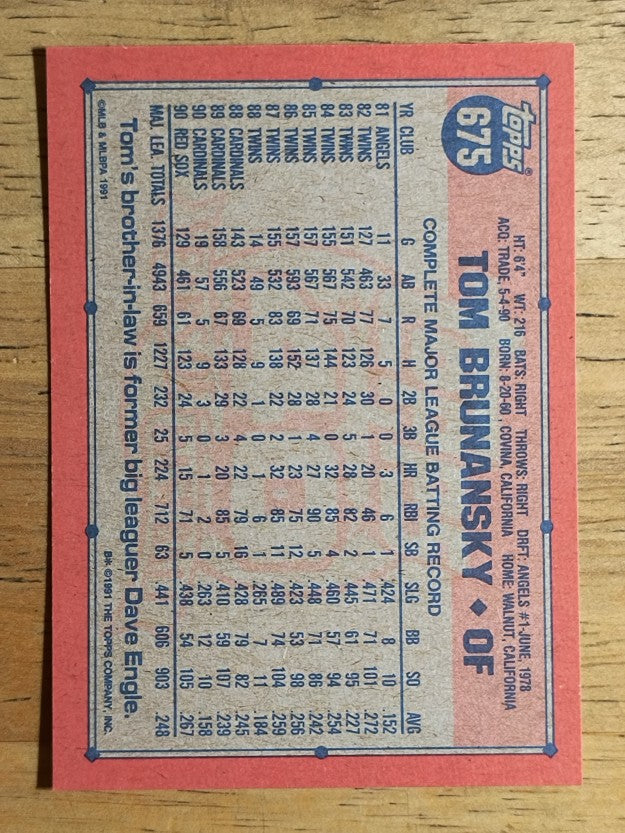 1991 Topps #675 Tom Brunansky